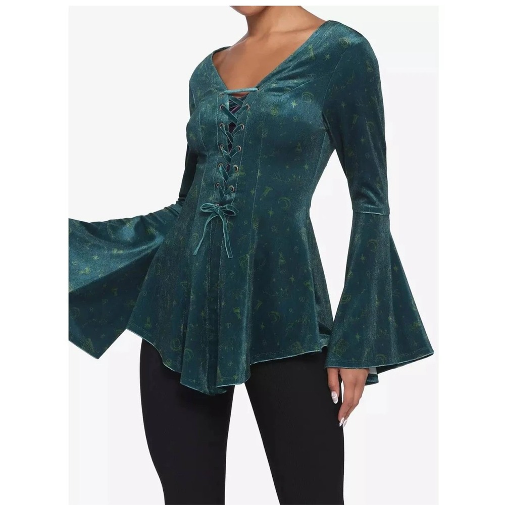 Disney Her Universe Hocus Pocus Teal Velvet Lace Up Bell Sleeve Corset Top M - Picture 7 of 7